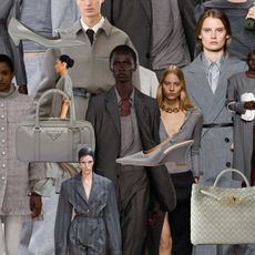 Collage of SS24 models wearing the gray trend mixed with gray product images.