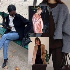 a collage of influencer and celebrity imagery featuring the collarless coats trend