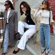 collage of fashion influencers Marilyn Nwawulor-Kazemaks, Debora Rosa, and Victoria Montanari wearing chic outfits with elevated pieces including jeans, flats, coats, and more