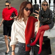 fashion collage of three style influencers Valeria @sobalera, Debora Rosa, and Lucy Williams wearing the red color trend for fall including pieces like red sweaters and red tights