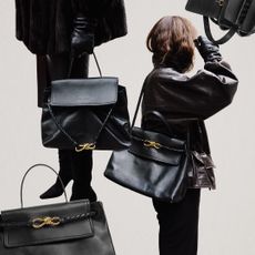 A collage of images showcasing the new Bottega Veneta Ciao Ciao bag in black.