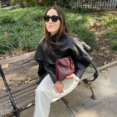 black jacket and white jeans outfit