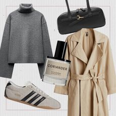 winter outfit idea collage with an oversize belted H&M trench coat, Zara gray turtleneck sweater, D.S. & Durga Coriander fragrance, Mango black bowling bag, and Adidas Tokyo sneakers