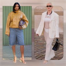 Two women at Copenhagen fashion week spring/summer 2025. One is wearing a yellow leather jacket and jorts; one is wearing a white blazer with a sheer white dress, and a black pendant necklace.