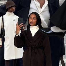 Photo collage of stylish women wearing simple, elegant, basic clothing in a neutral, black-and-white color palette comprised of items like coats, wool hats, satin shirts, and more.