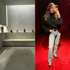 A collage of the Khaite NYC store and Nikki wearing a black turtleneck, studded belt, khaite jeans, and flats.