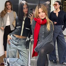 collage of four French influencers including Anne-Laure Mais, Salome Mory, Sabina Socol, and Len Farl wearing chic French-girl outfits with cardigans