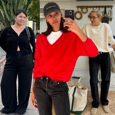 collage of three influencers Marina Torres, Tylynn Nguyen, and Lucy Williams wearing sweater outfits with a black cardigan, red v-neck sweater, and cream crewneck sweater